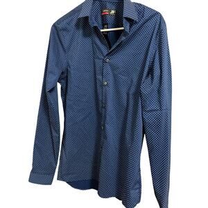 JF Ferrar Stretch Slim Fit Blue Polka Dot Long Sleeve Dress Shirt